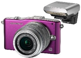 Olympus, Digitální foťák bezzrcadlovka Olympus PEN E-PM1 Purple + 14-42mm silver + externí blesk FL-LM1